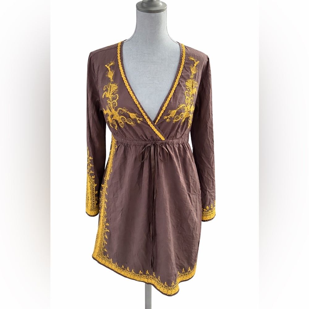 Lucky Brand Brown Embroidered Boho Mini Dress Large 100% Cotton India